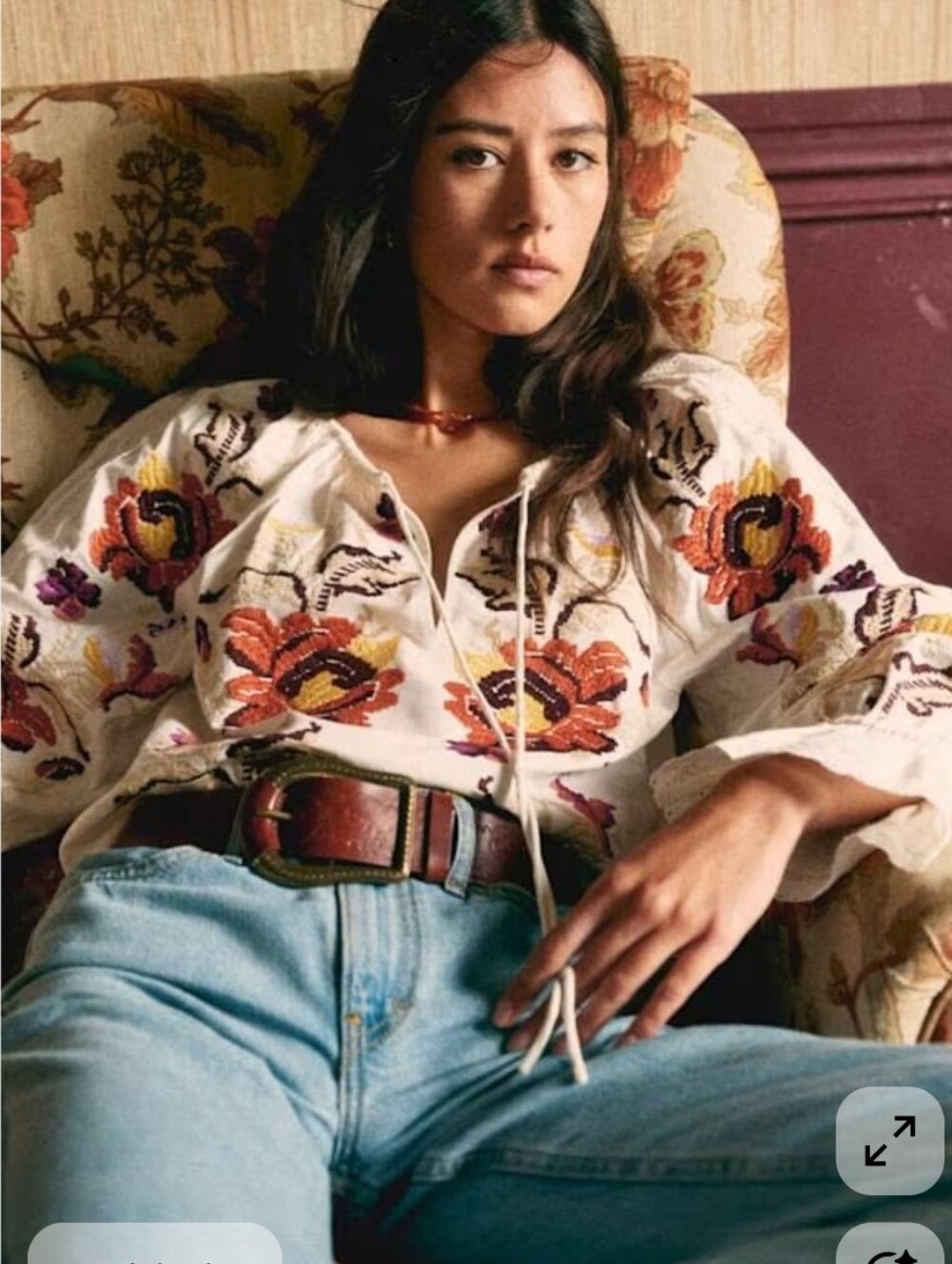 Sezane Bertille Blouse Cotton Long sleeve Floral Embroidered Blouse EU Size 40